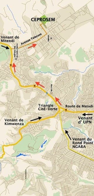 Plan d’accès au CEPROSEM par la route de Matadi, Triangle Cité-Verte et l’avenue Télécom